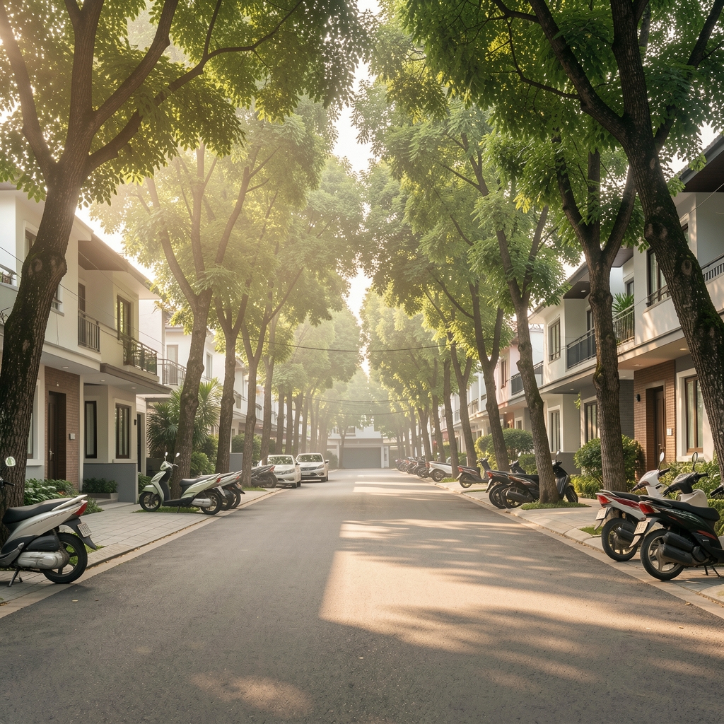 Quiet tree-lined residential street in Kebayoran Baru, South Jakarta, with low-rise buildings, parked motorbikes and soft morning sunlight