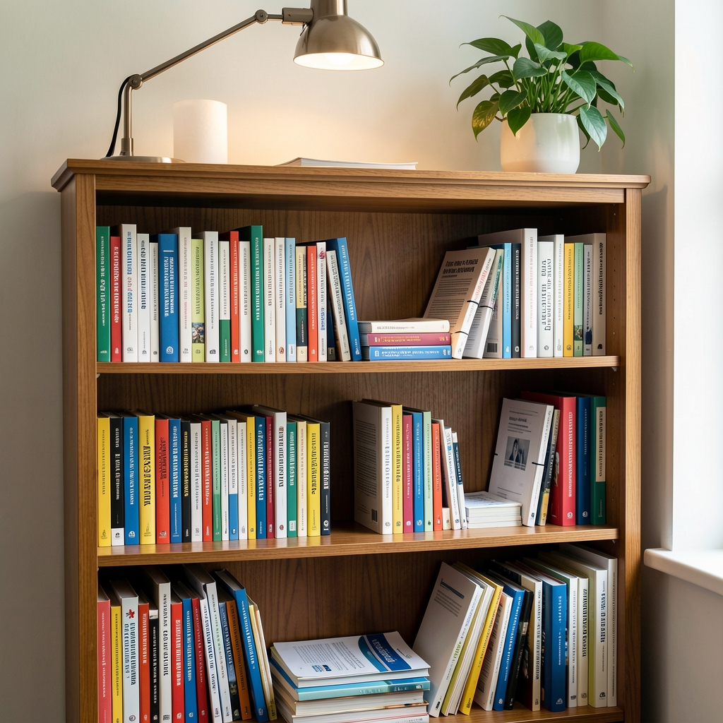 Wooden bookshelf in a small reading room filled with public health books, medical journals and folders, with a reading lamp and a plant on the top shelf
