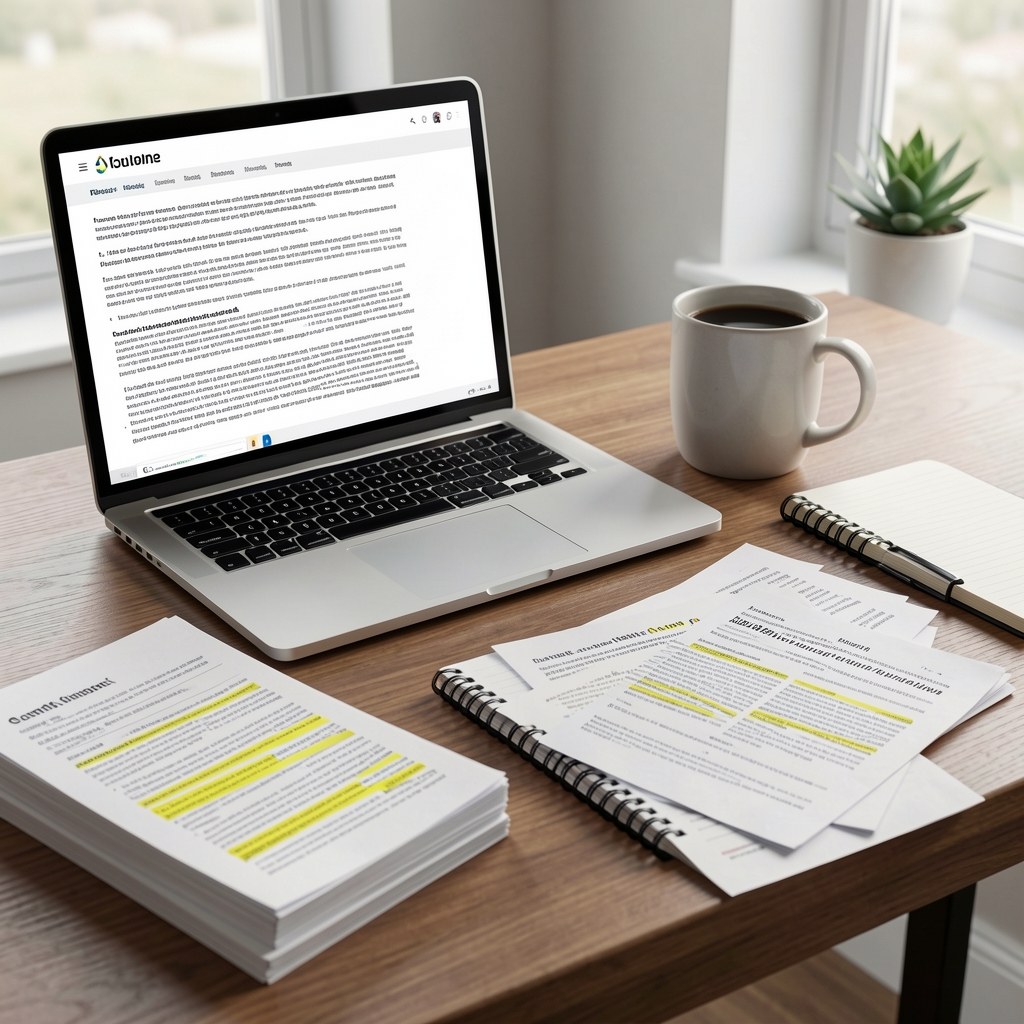 Desk with an open laptop showing a research paper, a stack of printed journal articles with yellow highlighter marks and a notebook beside a mug of coffee