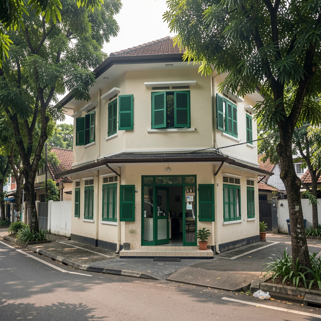 Small two-storey office building with green shutters and a tiled entrance on a quiet tree-lined street in Kebayoran Baru, Jakarta