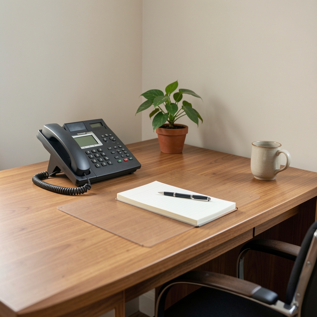 Tidy wooden desk with a landline telephone, a notepad, a small potted plant and a ceramic mug in a calm office corner