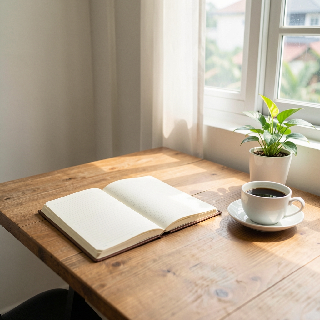 Wooden desk in a bright Jakarta home office with an open notebook, a cup of black coffee and a small potted plant beside a window