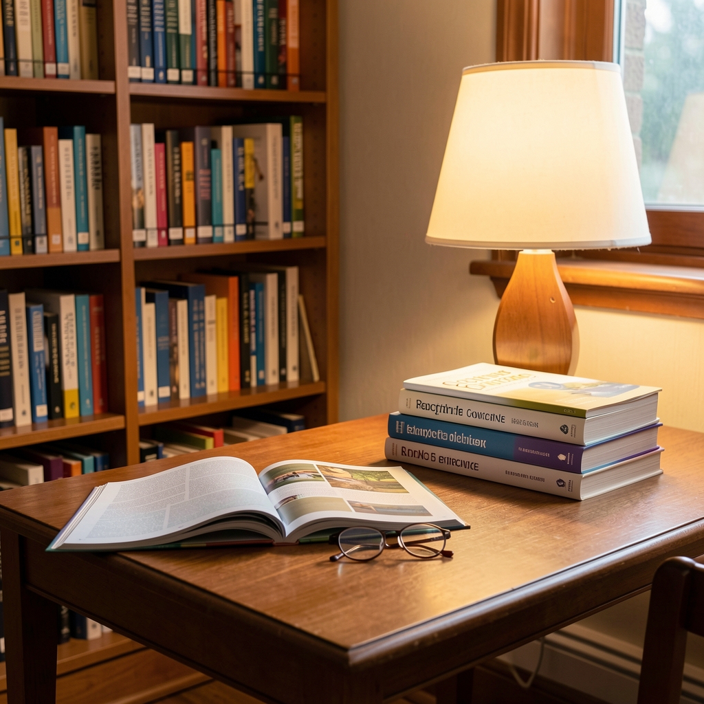 Quiet reading table in a small library with an open magazine, a pair of reading glasses and a stack of health reference books under warm lamp light