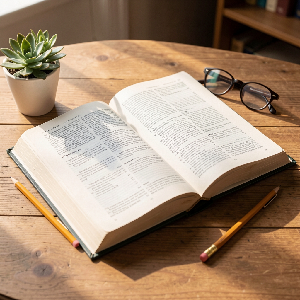Thick medical reference dictionary lying open on a wooden desk beside a pencil, reading glasses and a small plant in warm daylight