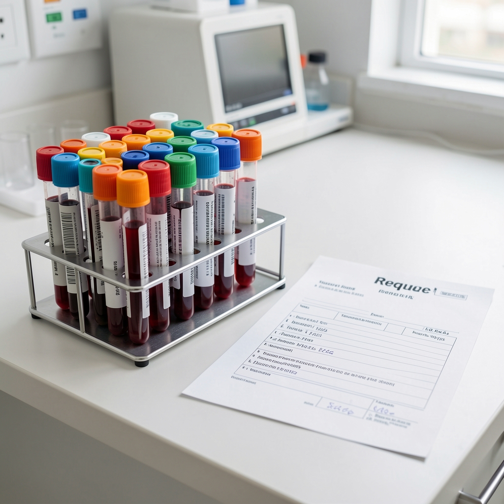 Row of blood sample tubes with coloured caps standing in a rack on a clean laboratory counter next to a labelled request form