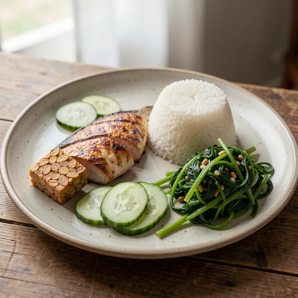 Balanced Indonesian lunch plate with grilled fish, tempeh, steamed rice, sliced cucumber and stir-fried water spinach on a ceramic plate