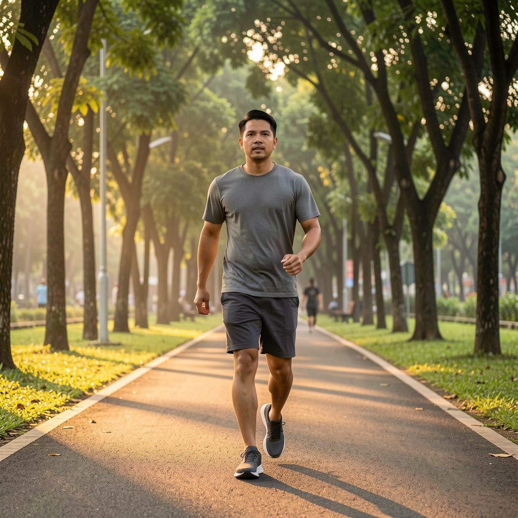 Man in his late thirties walking briskly along a tree-lined path in a Jakarta park at sunrise, wearing casual sportswear and trainers