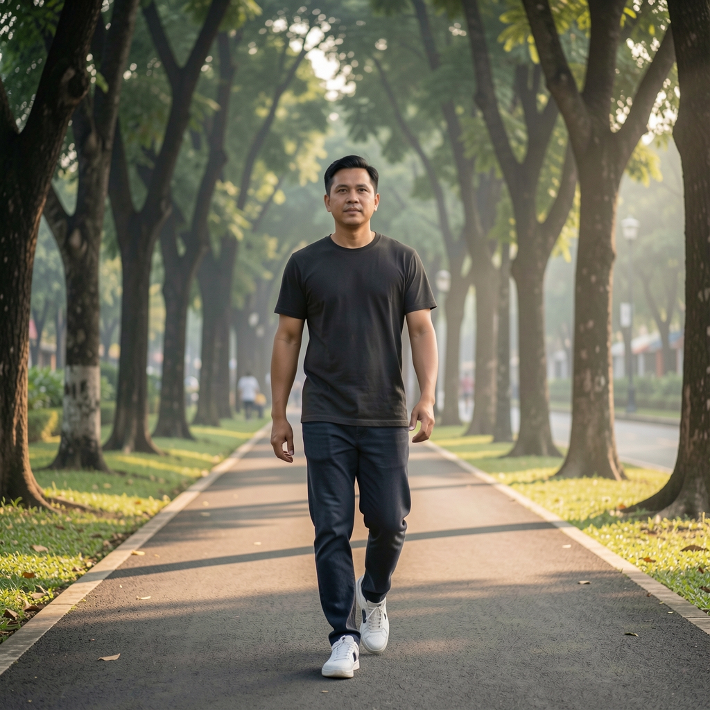 Man in his early forties in a plain t-shirt and trainers walking along a tree-lined park path in Jakarta in soft early morning light