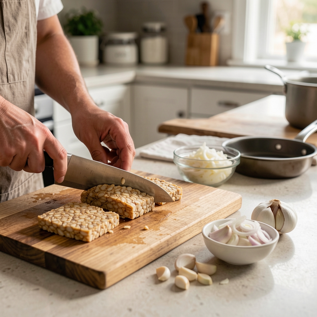Hands slicing fresh tempeh on a wooden board next to a bowl of sliced shallots, garlic and a small pan on a home kitchen counter