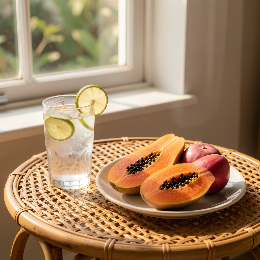 Glass of water with lime slices beside a plate of sliced papaya and guava on a rattan table near a sunlit window