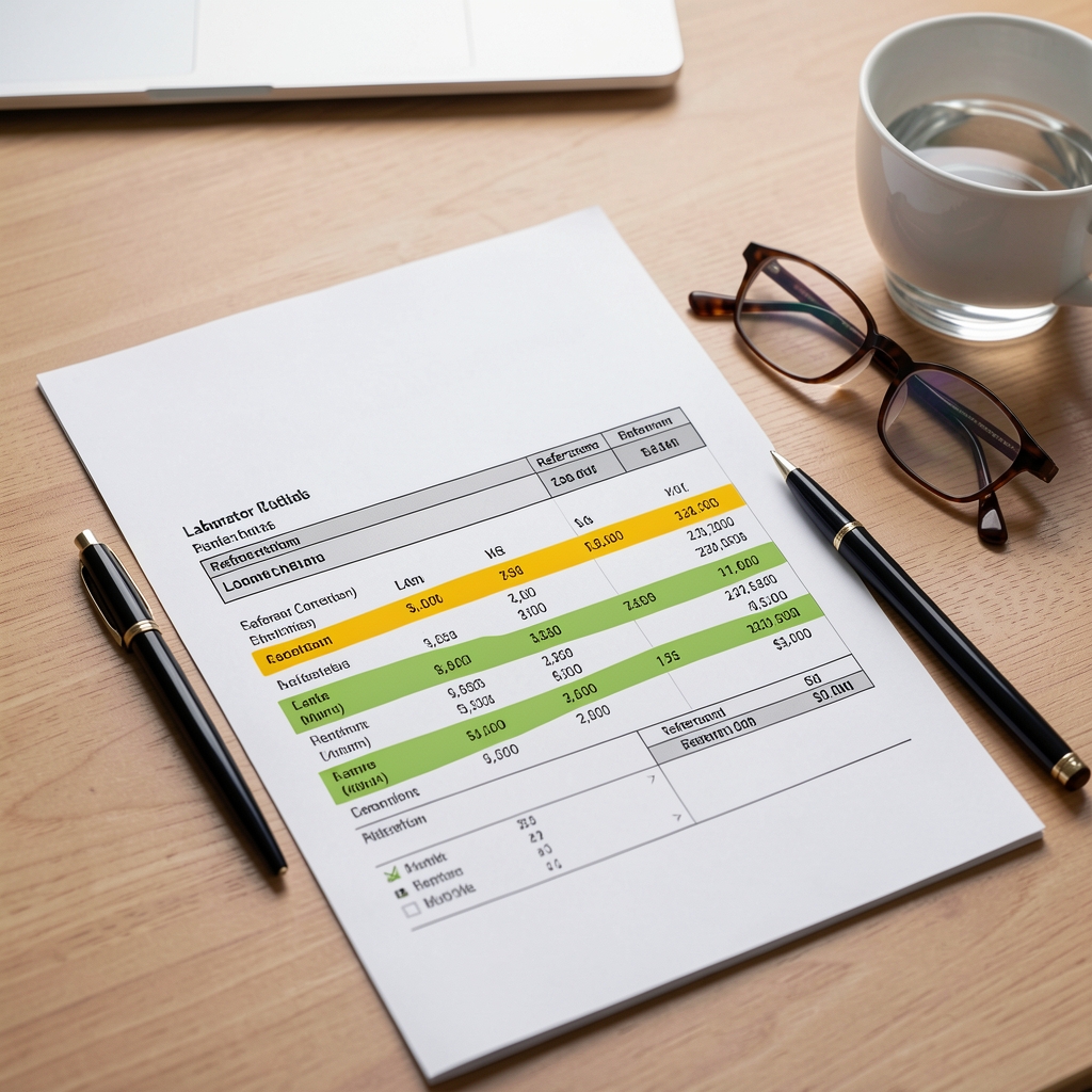 Printed laboratory results with highlighted reference ranges lying on a desk next to a pen, reading glasses and a cup of water