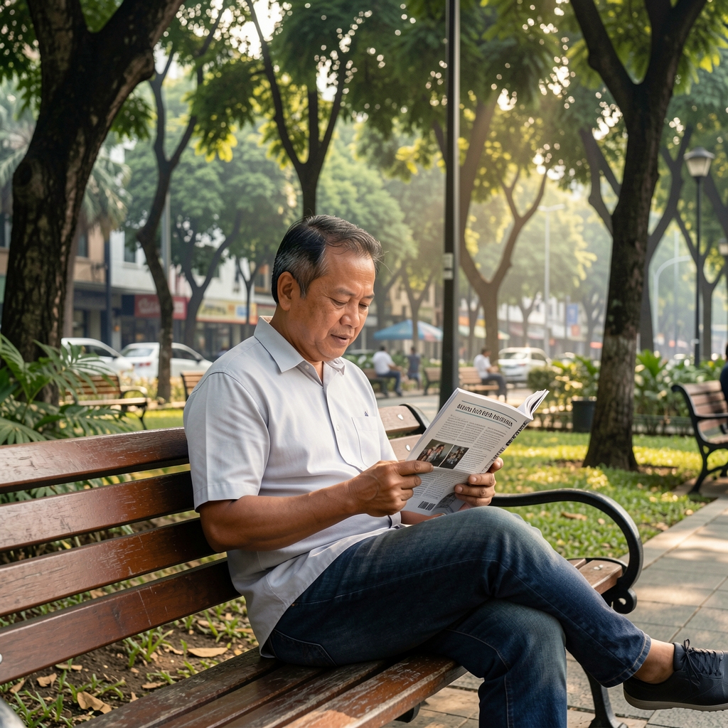 Middle-aged Indonesian man reading a printed magazine on a wooden bench in a shaded Jakarta city park on a calm morning