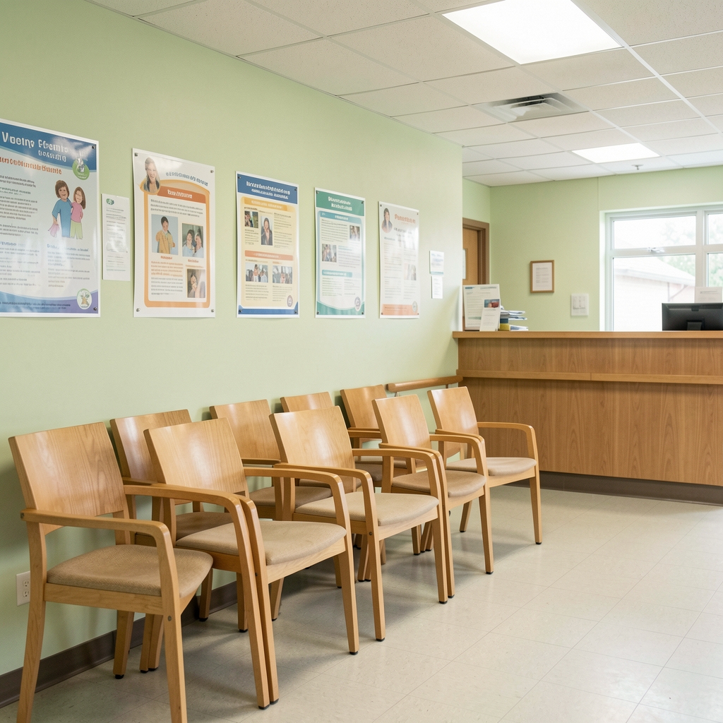 Bright community health centre waiting area with rows of wooden chairs, a registration counter and informational posters on a pale green wall