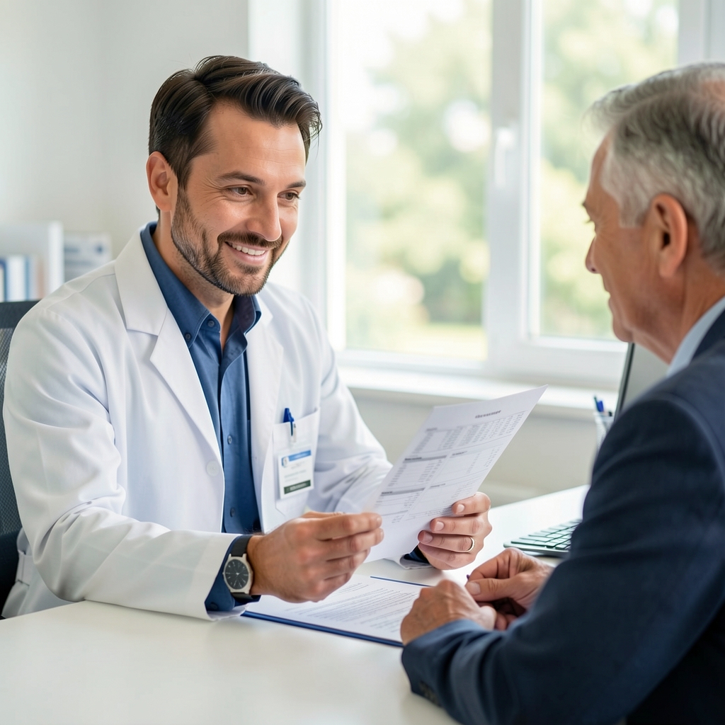 Male doctor in a white coat discussing printed test results with a middle-aged man across a tidy consultation desk in a bright clinic