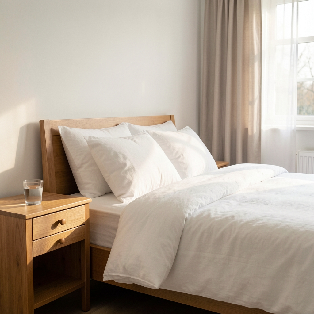 Calm bedroom in morning light with white linen bedding, a wooden bedside table, a glass of water and a closed curtain letting in soft daylight