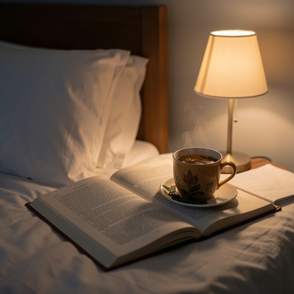 Warm cup of herbal tea beside an open paperback book and a small lamp on a bedside table in a dim, quiet evening bedroom
