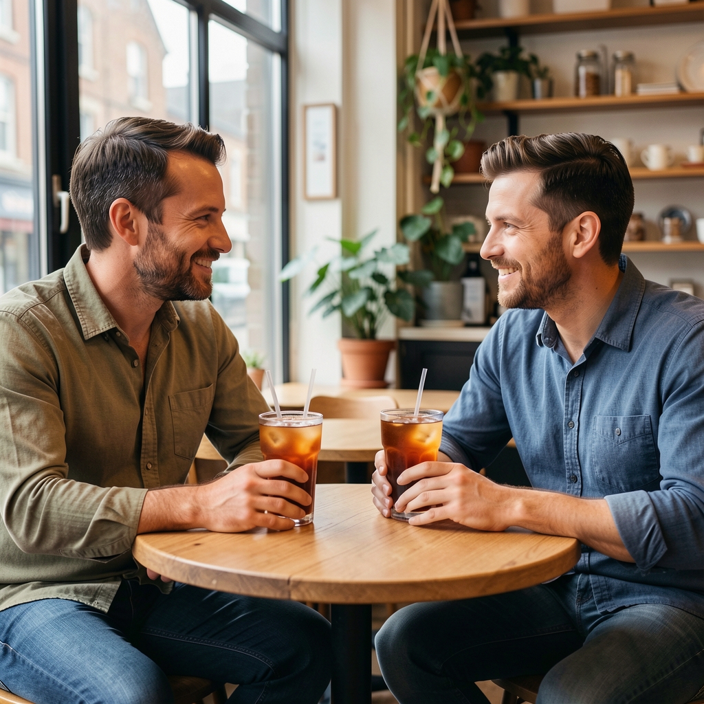 Two men in their late thirties talking over glasses of iced tea at a small neighbourhood cafe table with relaxed expressions