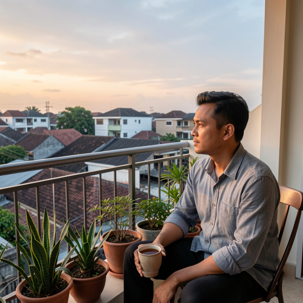 Man in a casual shirt sitting on a small apartment balcony with potted plants and a cup of tea, looking out over low Jakarta rooftops at dusk