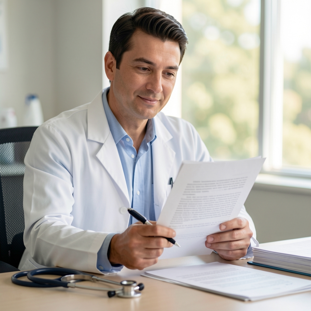 Doctor in a white coat seated at a desk in a clinic office reading a printed draft article with a pen in hand and a stethoscope placed beside a stack of papers